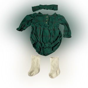 Carter’s baby girl flannel bubble body suit with headband and socks- Newborn